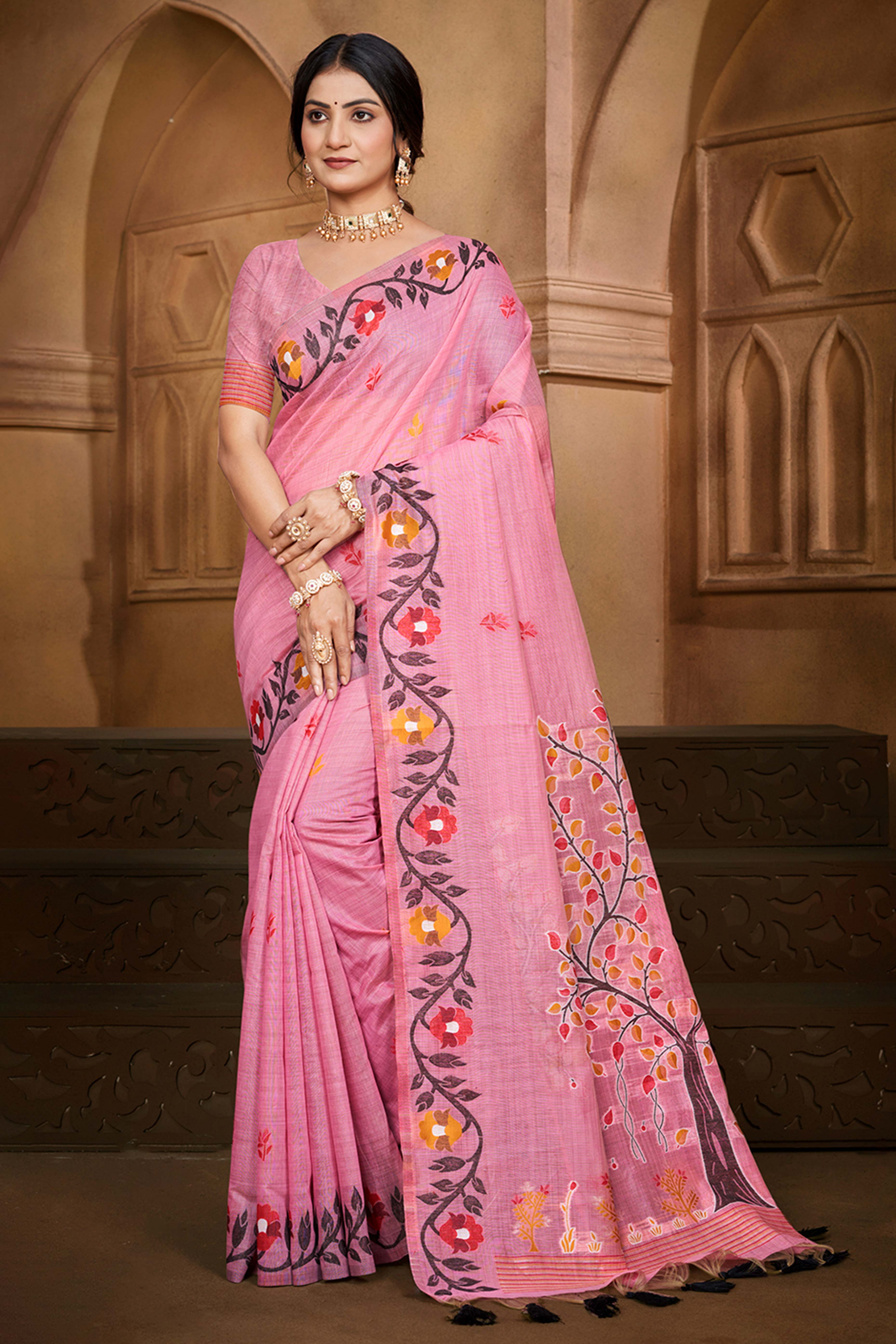Charming Pink Floral Weaving Cotton Silk Saree Enhanced With Tree Motif Pallu With Tassel