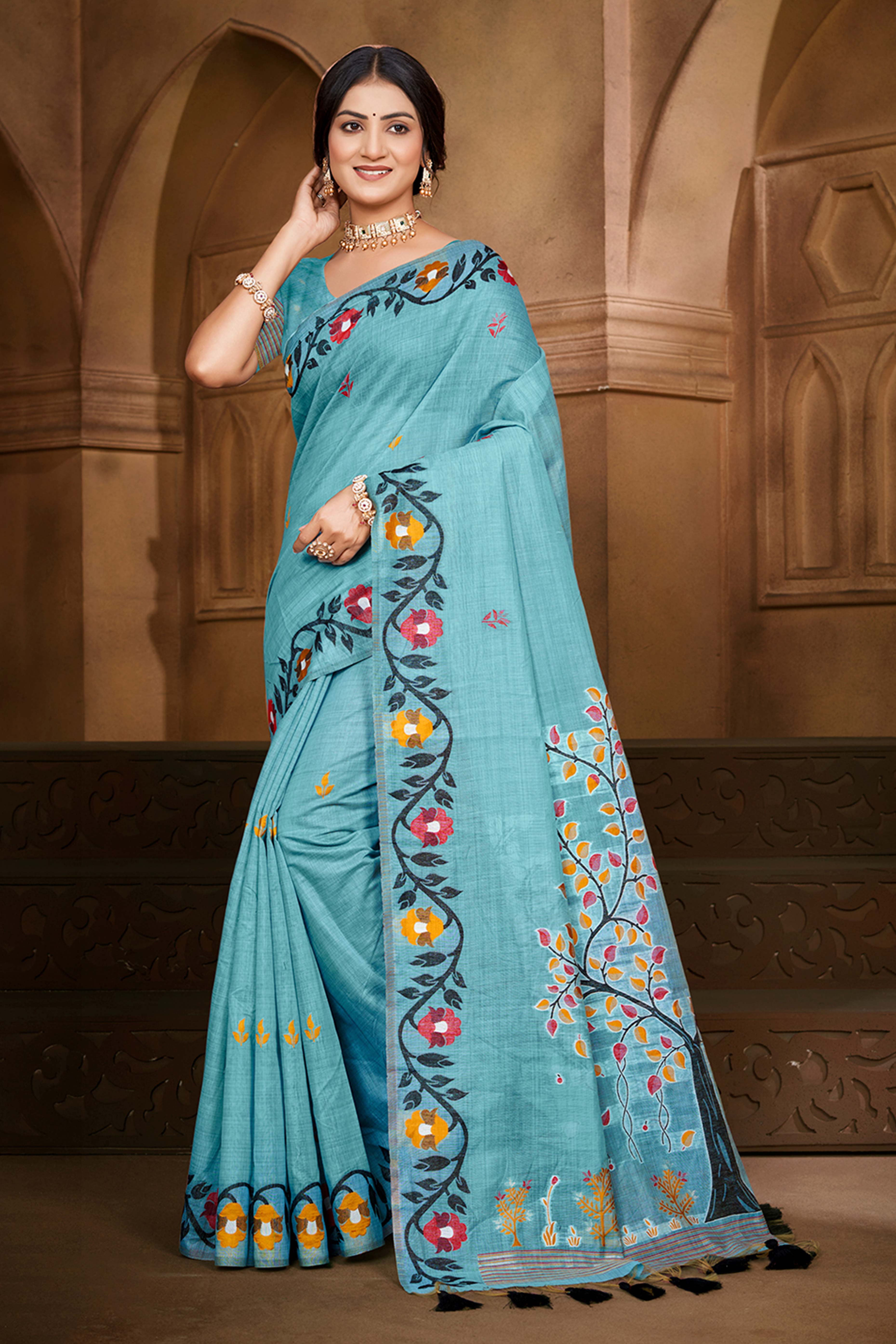 Charming Blue Floral Weaving Cotton Silk Saree Enhanced With Tree Motif Pallu With Tassel