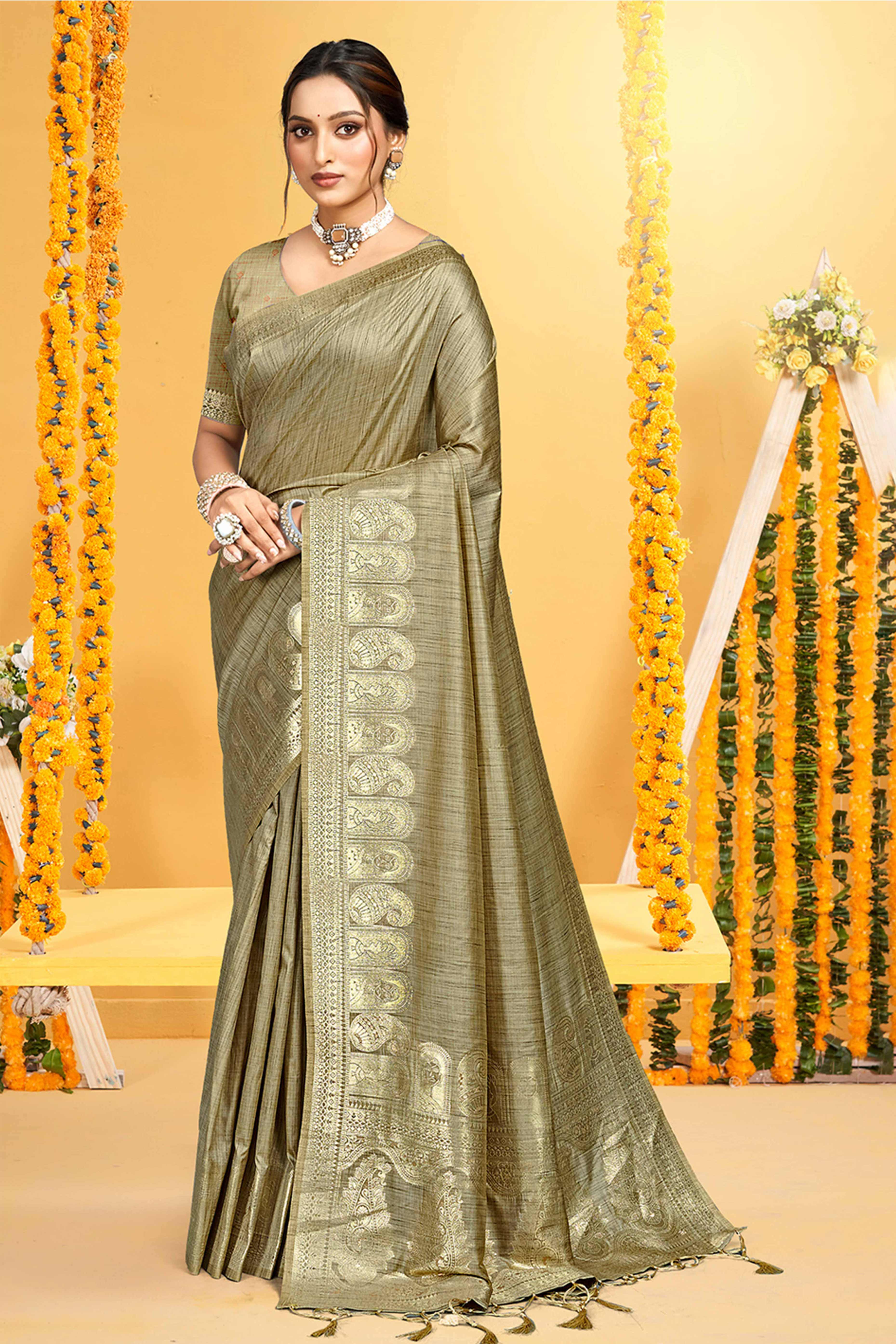Classic Light Mehendi Green Floral & Paisley Design Weaving Assam Silk Blend Saree With Tassel Pallu