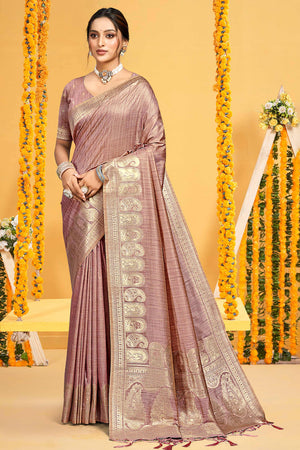 Classic Mauve Floral & Paisley Design Weaving Assam Silk Blend Saree With Tassel Pallu