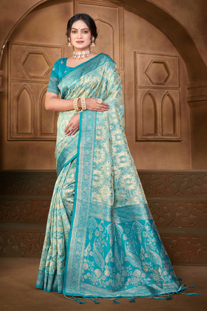 Stunning Blue Floral Weaving Silk Blend Saree Enhanced With A Stylish Tassel Pallu