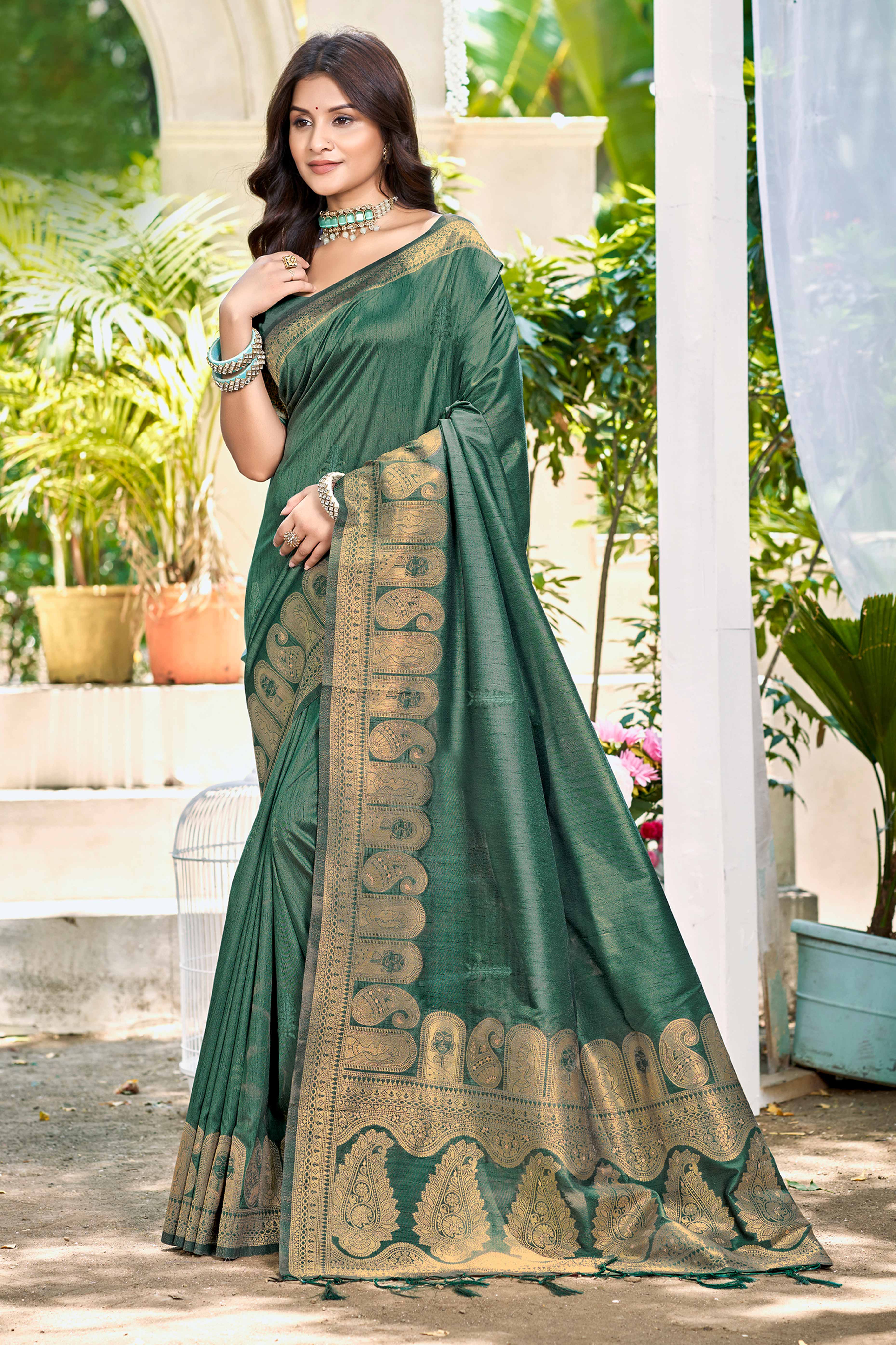 Dark Green Assam Silk Blend Saree With Intricate Zari Floral & Paisley Weaving & Tassel Pallu