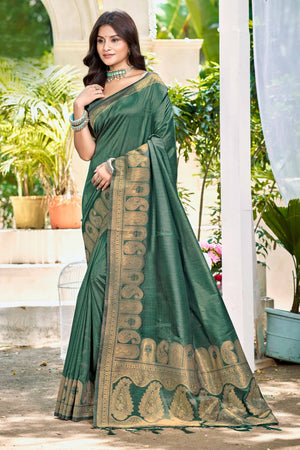 Dark Green Assam Silk Blend Saree With Intricate Zari Floral & Paisley Weaving & Tassel Pallu