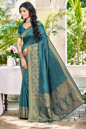 Peacock Blue Assam Silk Blend Saree With Intricate Zari Floral & Paisley Weaving & Tassel Pallu