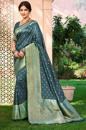 Dark Turquoise Assam Silk Blend Saree Adorned With Timeless Floral Zari Weaving