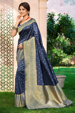 Navy Blue Assam Silk Blend Saree Adorned With Timeless Floral Zari Weaving