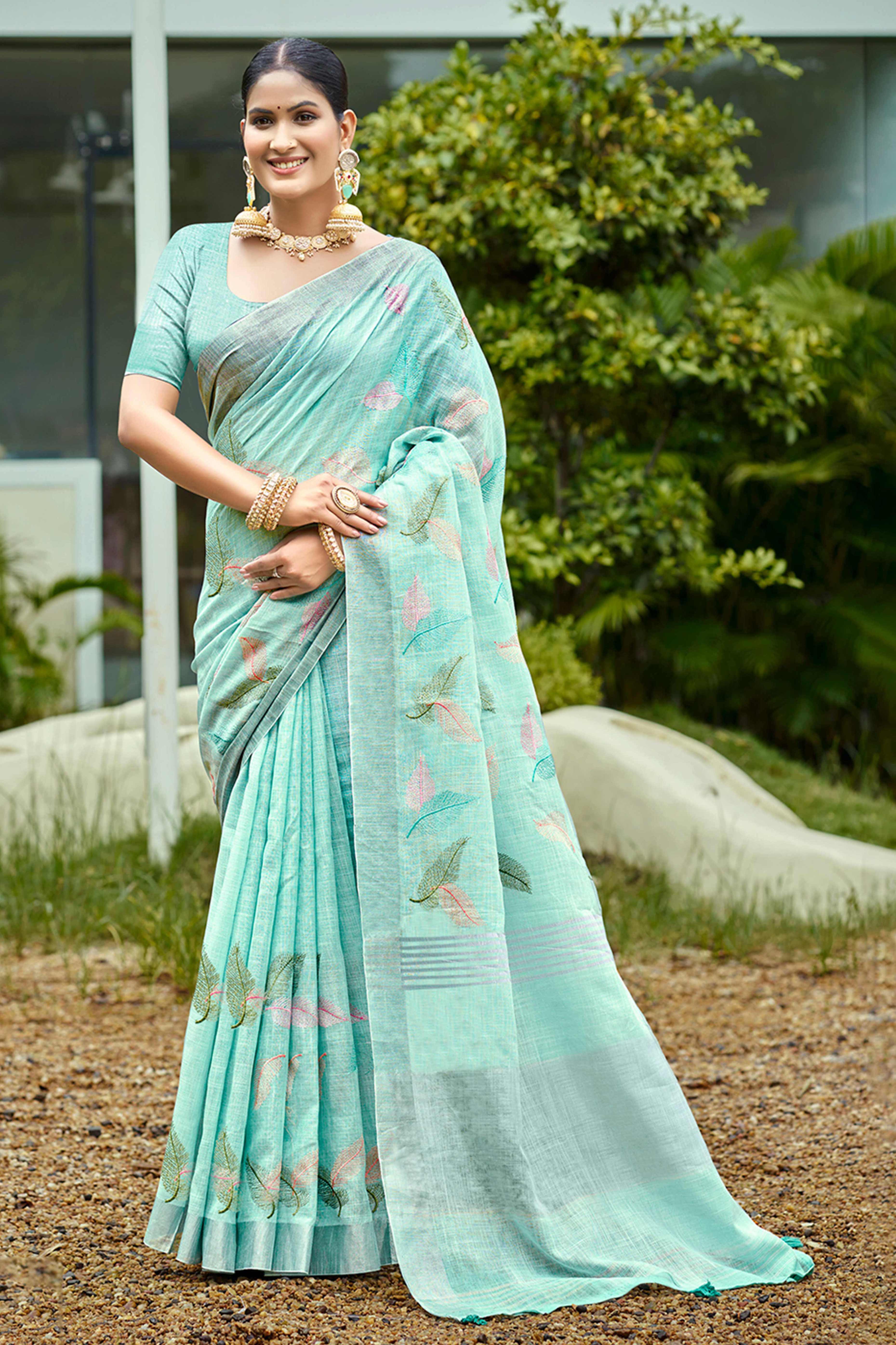 Exquisite Turquoise Leaf Motif Thread Embroidered Linen Saree With Elegant Weaving Border