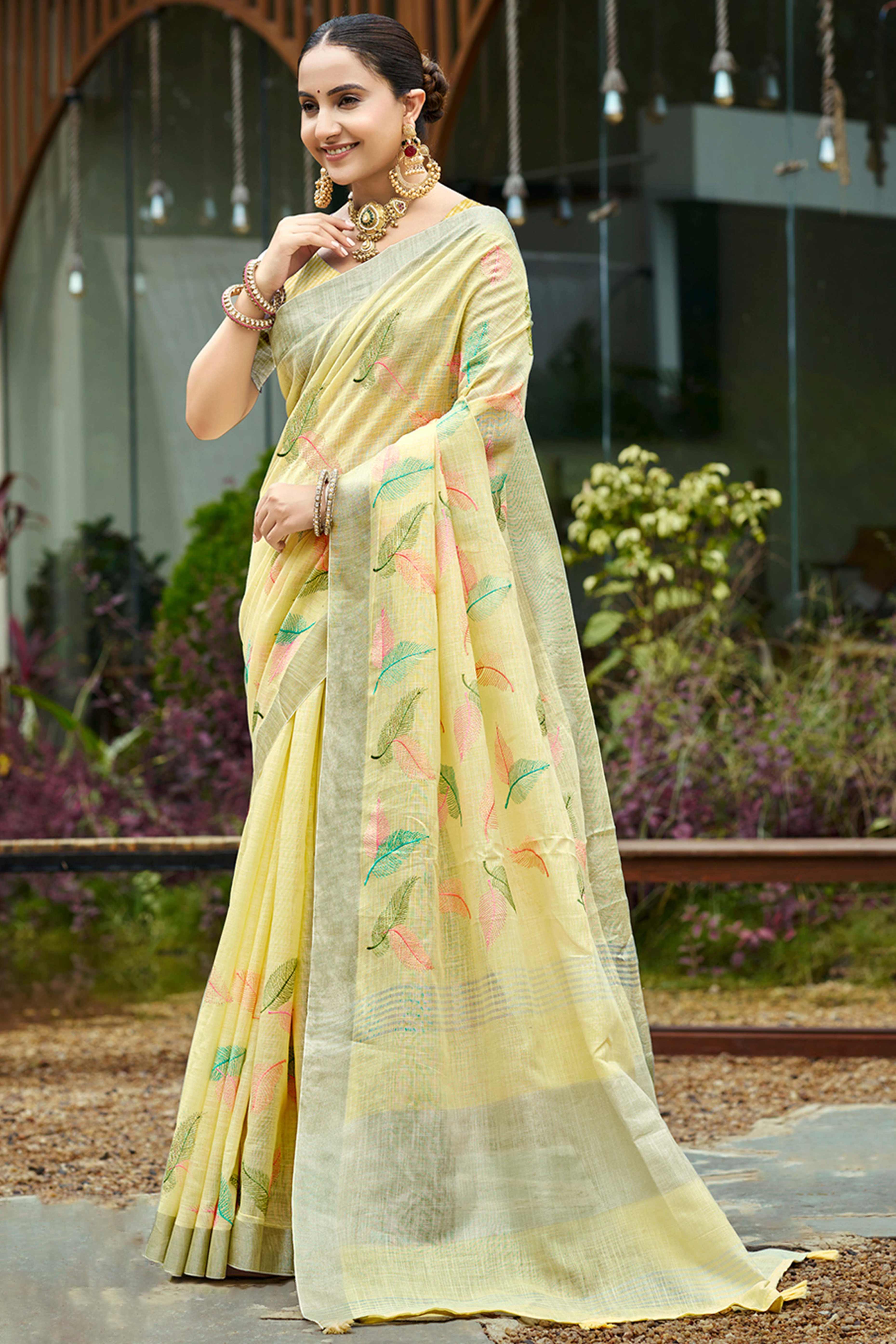 Exquisite Yellow Leaf Motif Thread Embroidered Linen Saree With Elegant Weaving Border