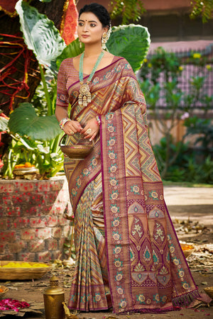 Purple Silk Blend Dharmavaram Saree Featuring Floral & Zig Zag Woven Patterns With Tassel Finish