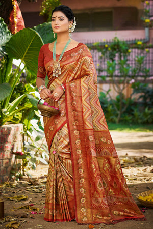 Maroon Silk Blend Dharmavaram Saree Featuring Floral & Zig Zag Woven Patterns With Tassel Finish