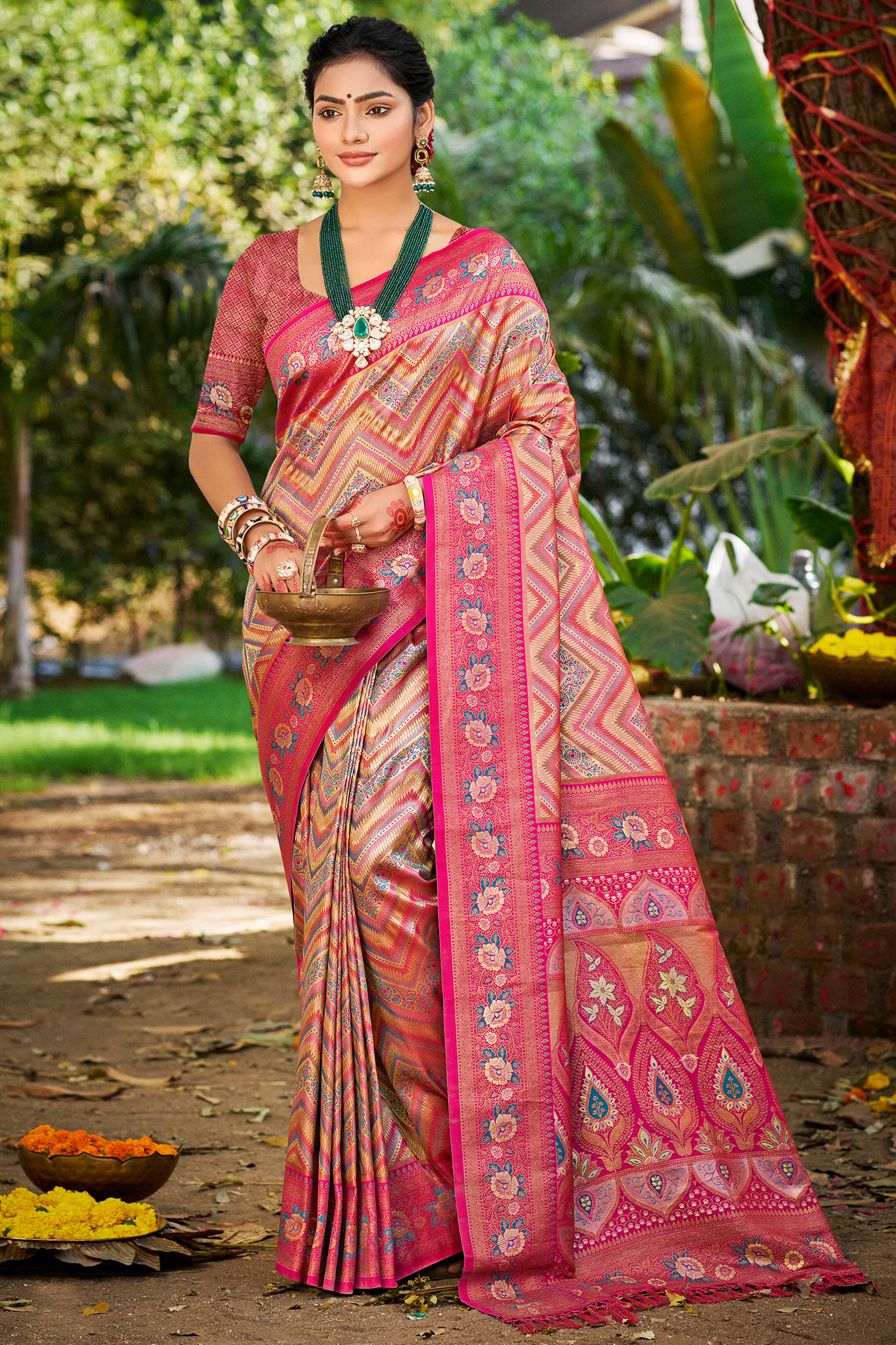 Pink Silk Blend Dharmavaram Saree Featuring Floral & Zig Zag Woven Patterns With Tassel Finish