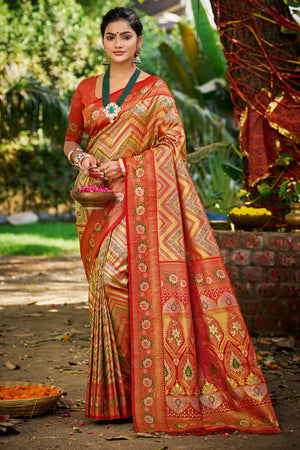 Red Silk Blend Dharmavaram Saree Featuring Floral & Zig Zag Woven Patterns With Tassel Finish