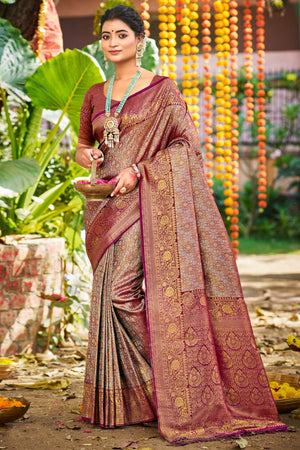 Wine Traditional Silk Blend Dharmavaram Saree With Floral Weaves & Tassels Pallu