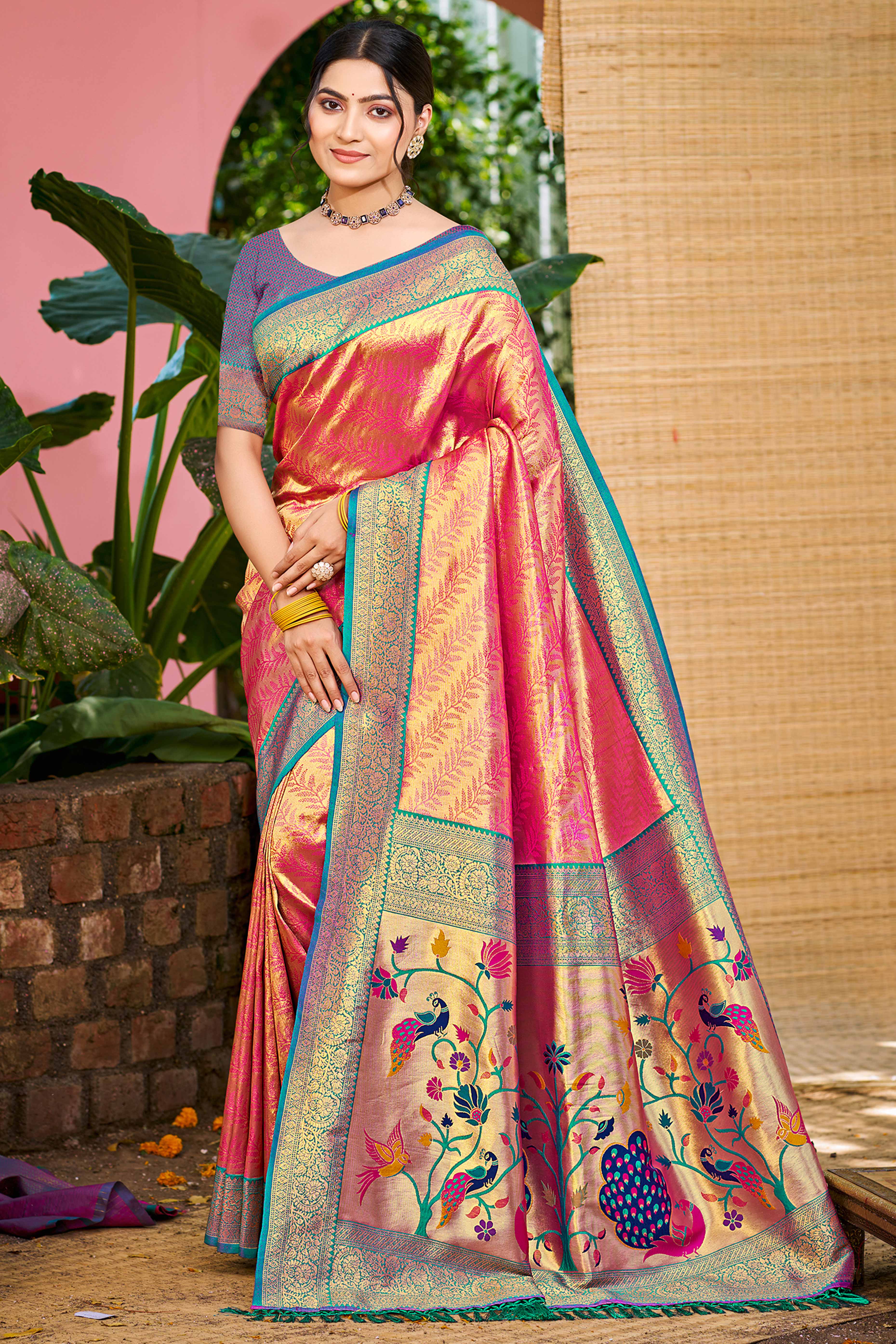 Rani Pink Kanjivaram Silk Paithani Saree With Exquisite Floral Woven Detailing