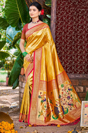 Mustard Kanjivaram Silk Paithani Saree With Exquisite Floral Woven Detailing