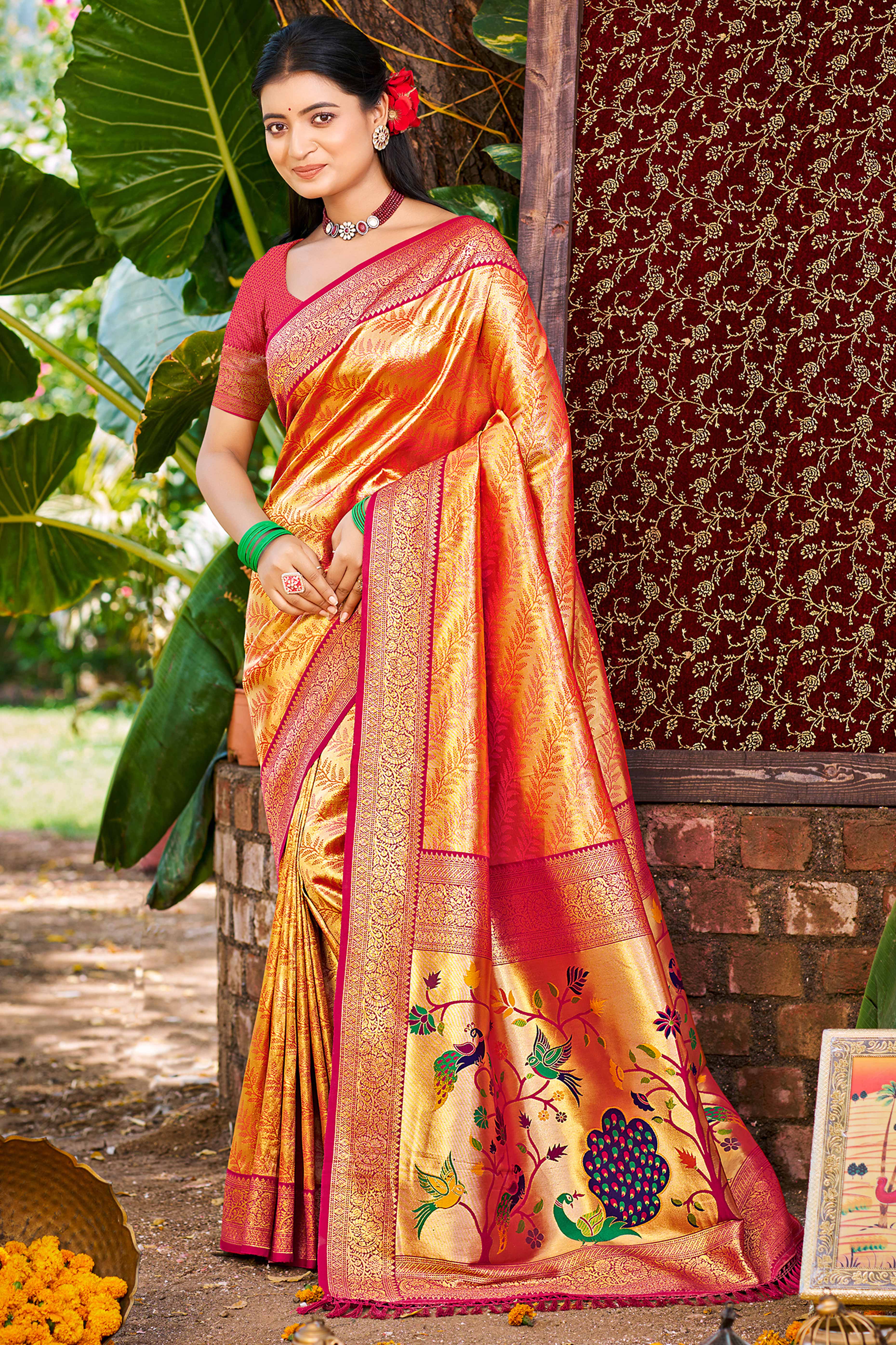 Orange Kanjivaram Silk Paithani Saree With Exquisite Floral Woven Detailing