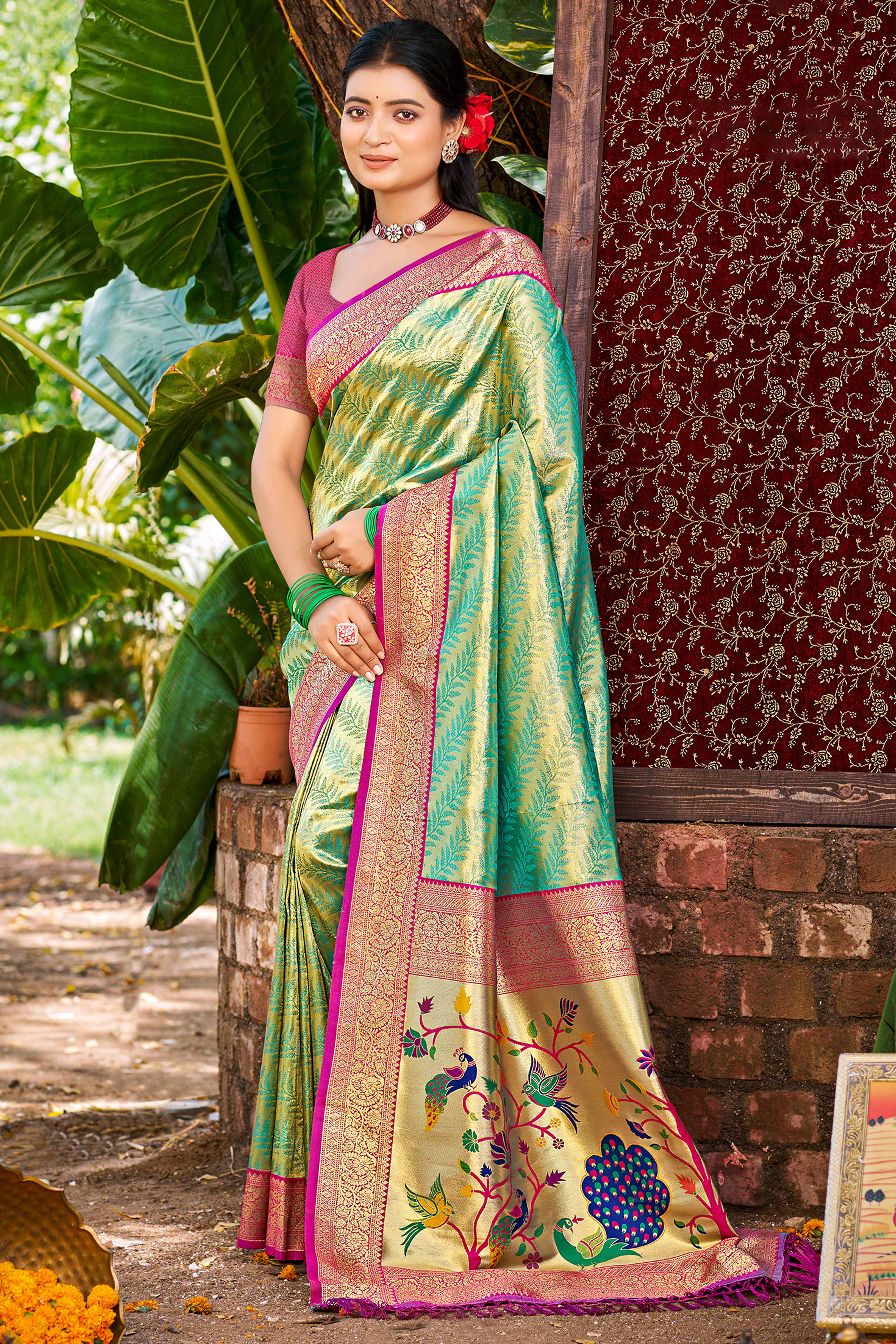 Rama Green Kanjivaram Silk Paithani Saree With Exquisite Floral Woven Detailing
