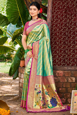 Rama Green Kanjivaram Silk Paithani Saree With Exquisite Floral Woven Detailing