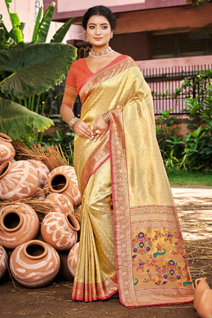 Golden Paithani Saree In Kanjivaram Silk Adorned With Intricate Floral Weaving