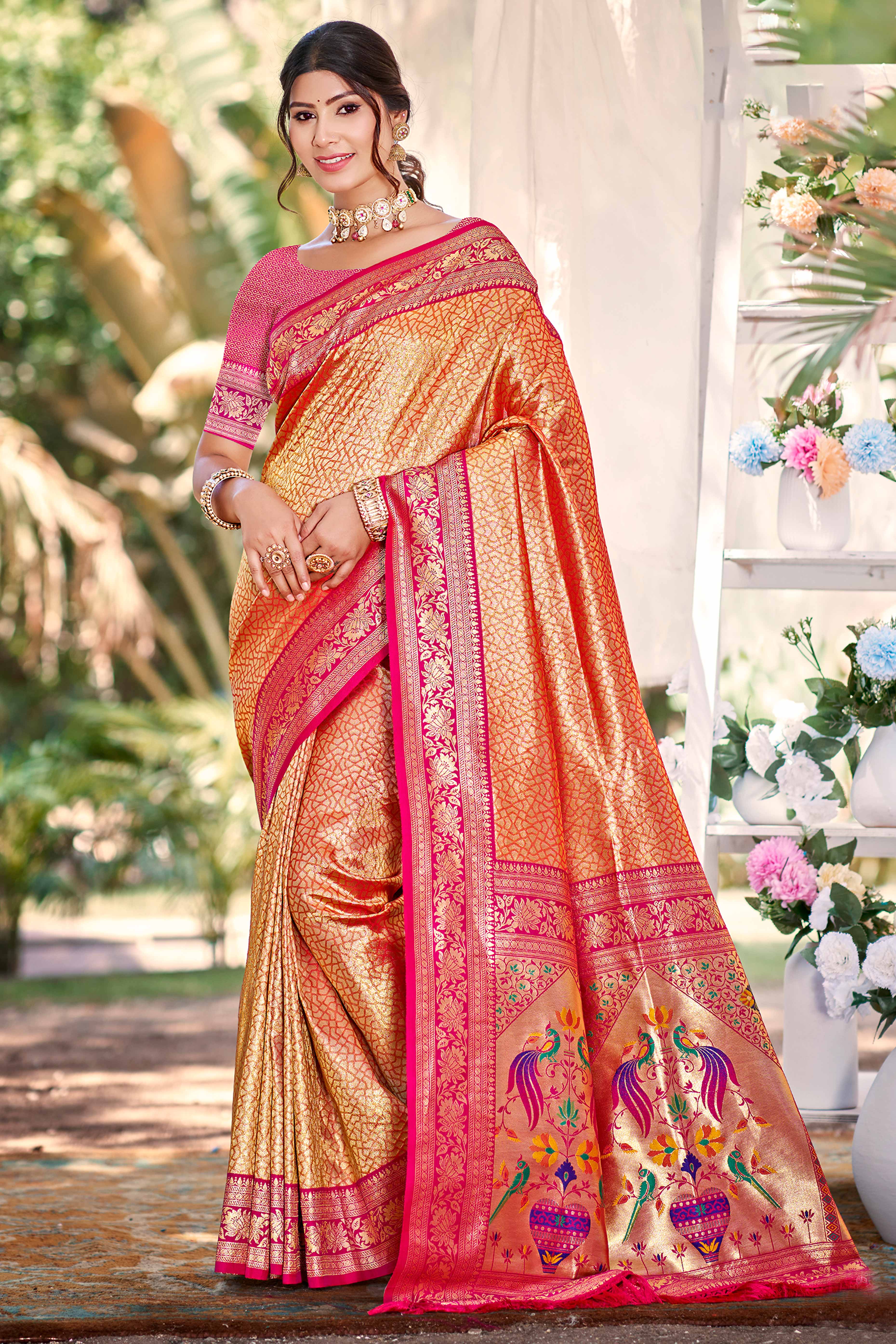 Orange Kanjivaram Silk Paithani Saree With Elegant Floral Weaving & Tassel Pallu