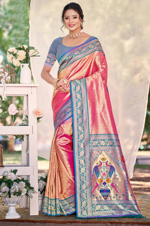 Pink Kanjivaram Silk Paithani Saree With Elegant Floral Weaving & Tassel Pallu