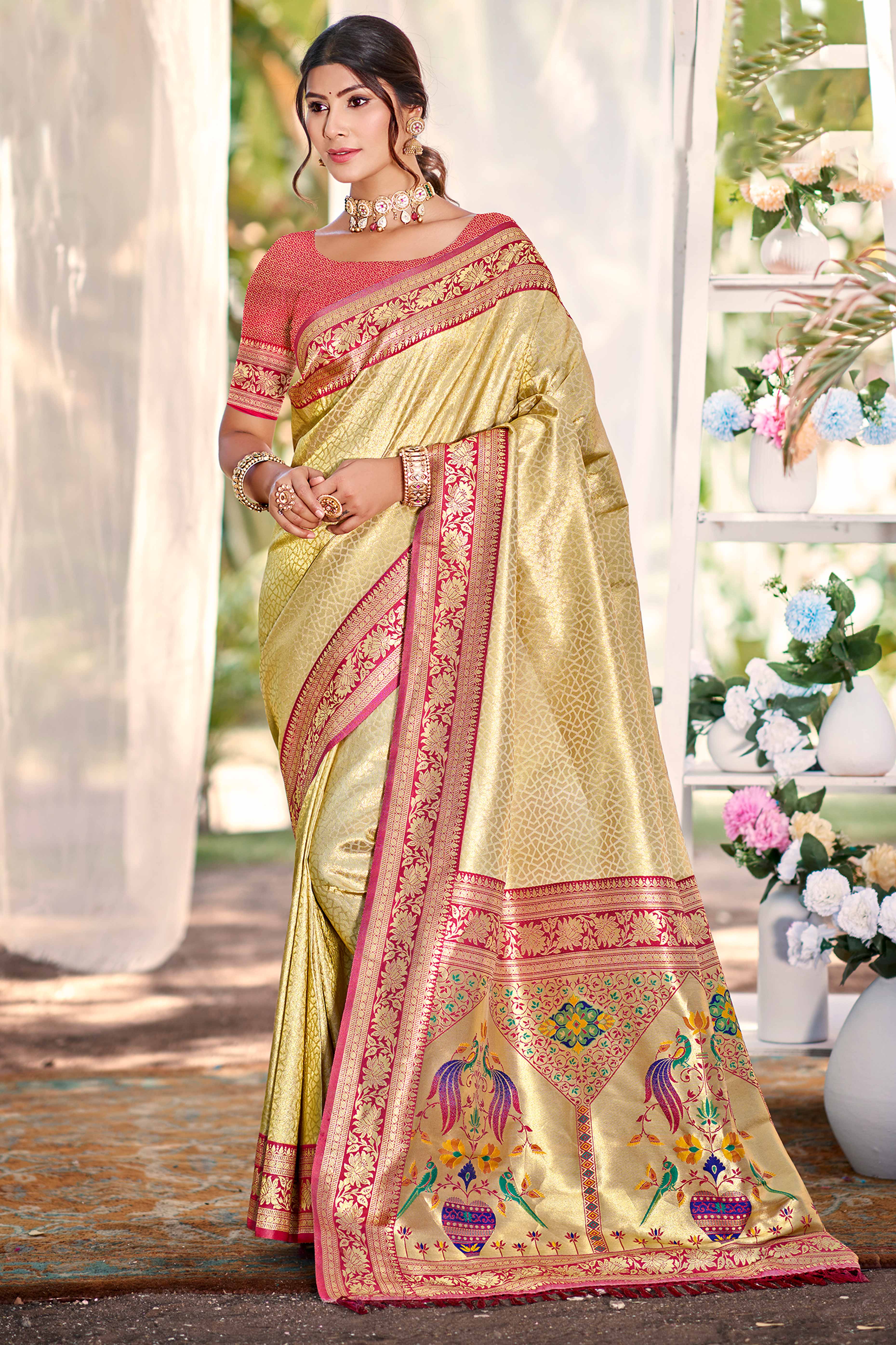 Golden Kanjivaram Silk Paithani Saree With Elegant Floral Weaving & Tassel Pallu