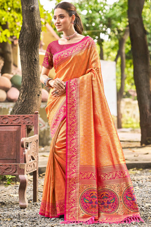 Orange Floral Woven Paithani Saree In Kanjivaram Silk With Graceful Tassel Pallu