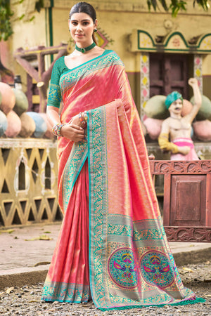 Gajari Pink Floral Woven Paithani Saree In Kanjivaram Silk With Graceful Tassel Pallu