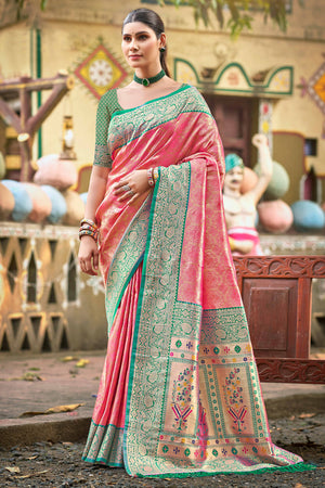 Gajari Pink Paithani Saree In Kanjivaram Silk Featuring Floral Woven Motifs & Tassel Pallu