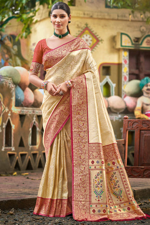 Chikoo Paithani Saree In Kanjivaram Silk Featuring Floral Woven Motifs & Tassel Pallu