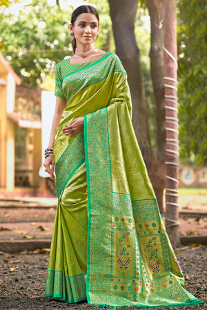Green Paithani Saree In Kanjivaram Silk Featuring Floral Woven Motifs & Tassel Pallu