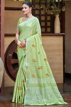 Green Embroidered Linen Saree with Floral Motifs in Woven Fabric