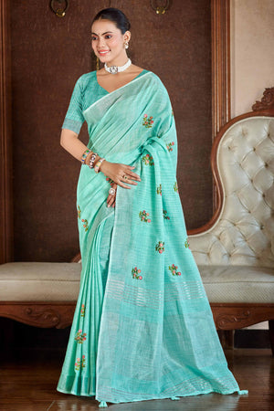 Turquoise Embroidered Linen Saree with Floral Motifs in Woven Fabric