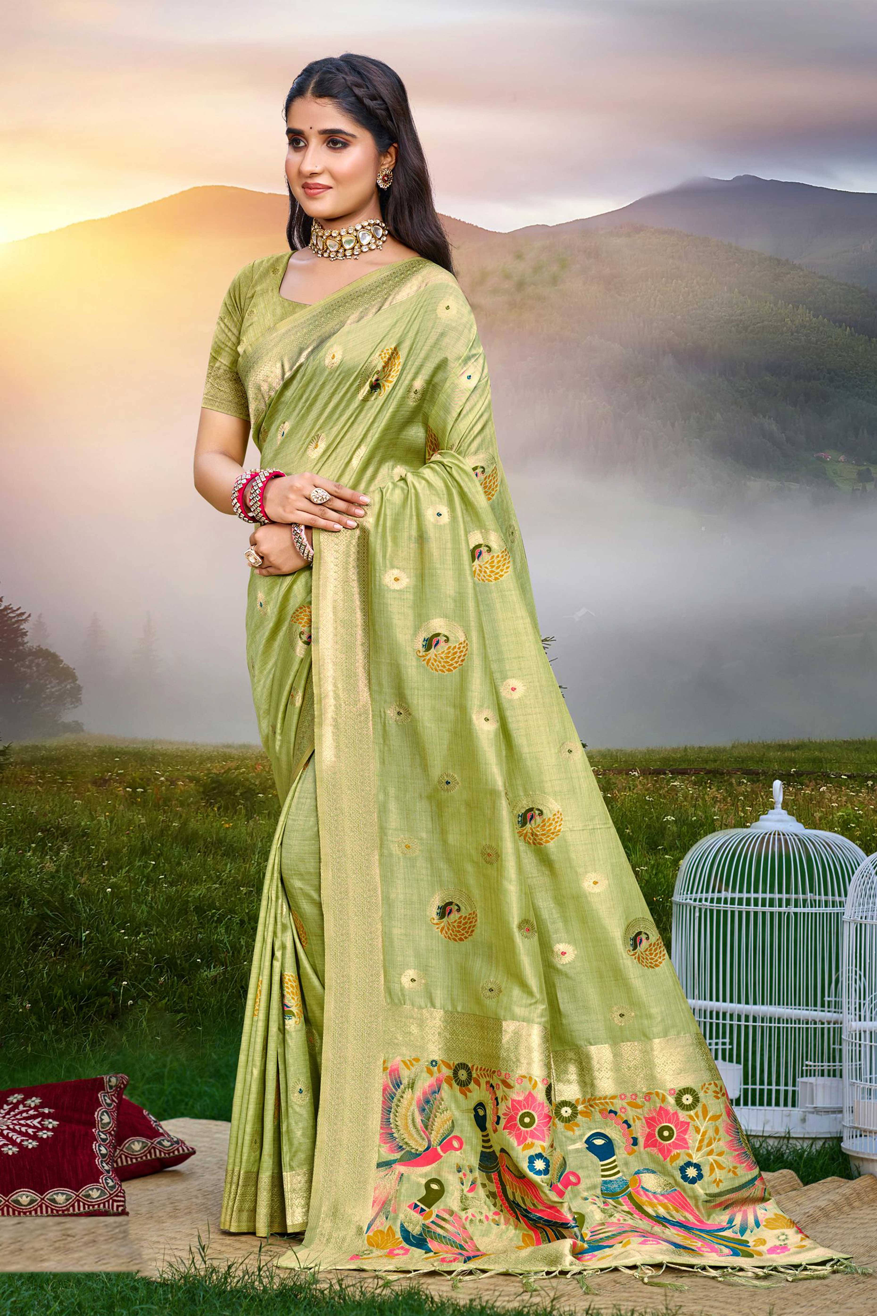 Designer Green Assam Silk Blend Saree Adorned With Peacock Zari Weaving & Tassel Pallu