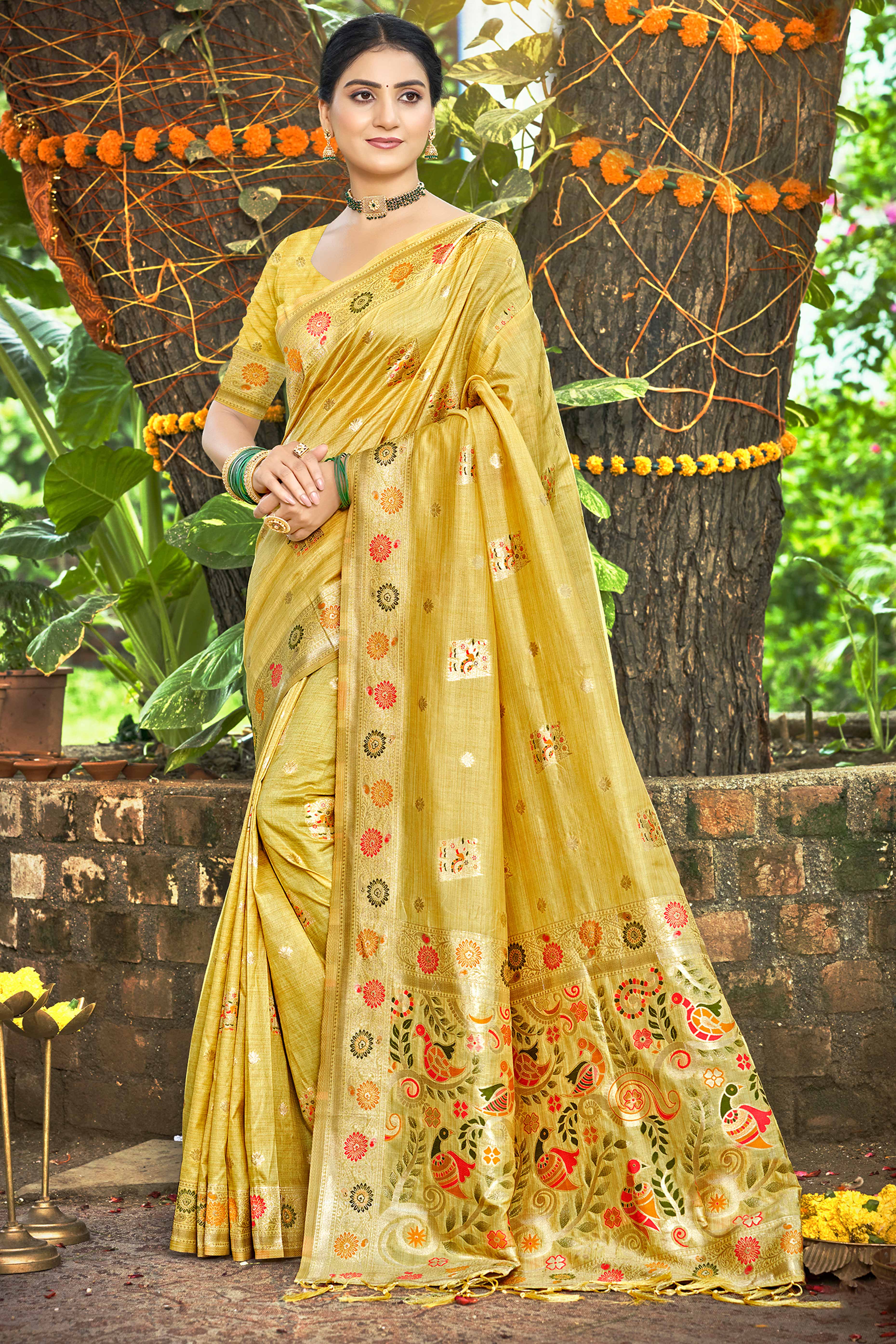 Mustard Assam Silk Blend Saree Featuring Intricate Floral Zari Weaving With Tassel Pallu