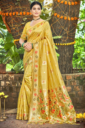 Mustard Assam Silk Blend Saree Featuring Intricate Floral Zari Weaving With Tassel Pallu