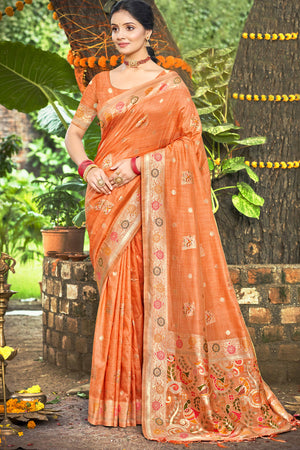 Orange Assam Silk Blend Saree Featuring Intricate Floral Zari Weaving With Tassel Pallu