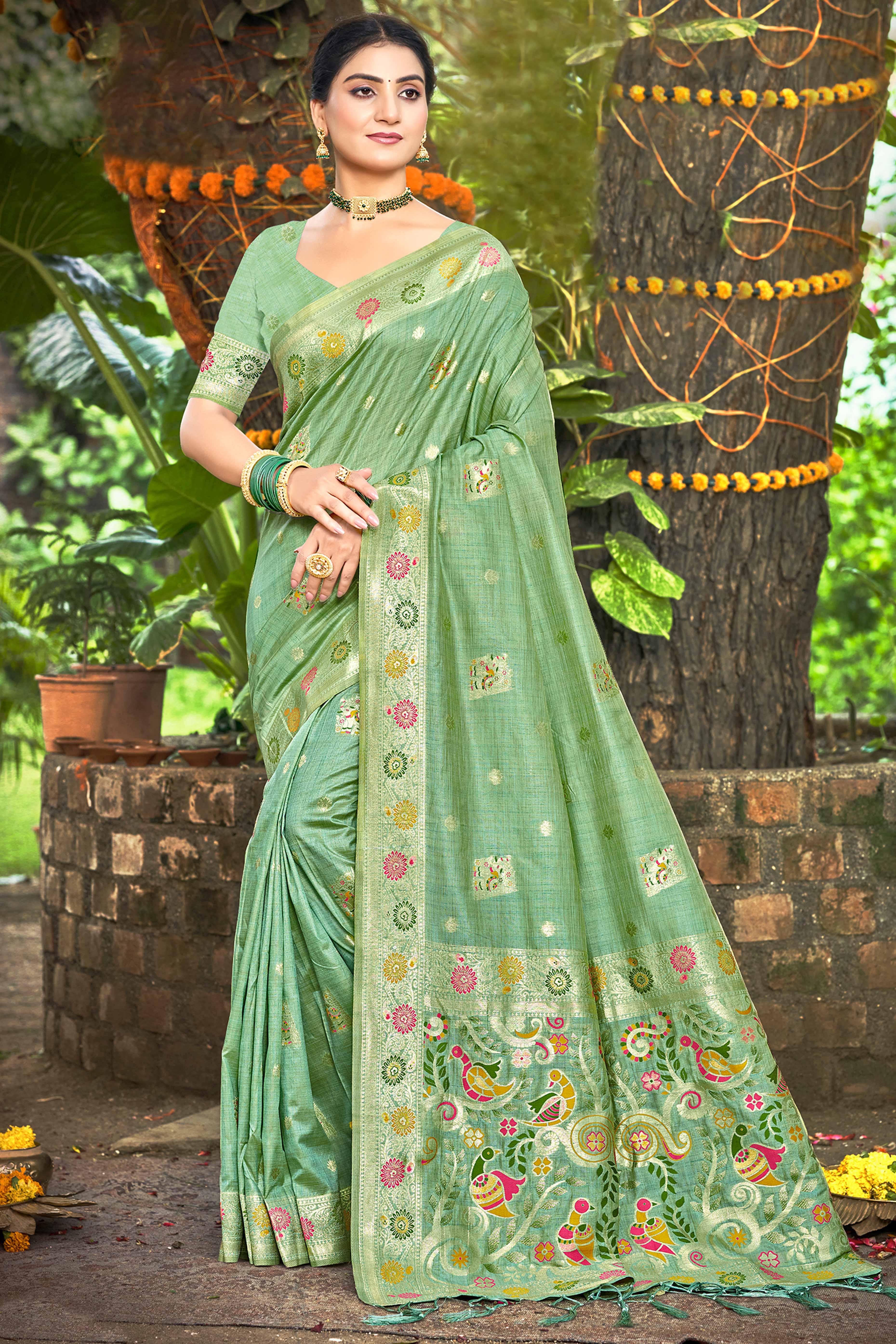 Green Assam Silk Blend Saree Featuring Intricate Floral Zari Weaving With Tassel Pallu