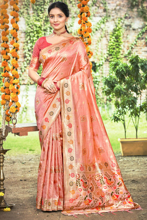 Pink Assam Silk Blend Saree Featuring Intricate Floral Zari Weaving With Tassel Pallu