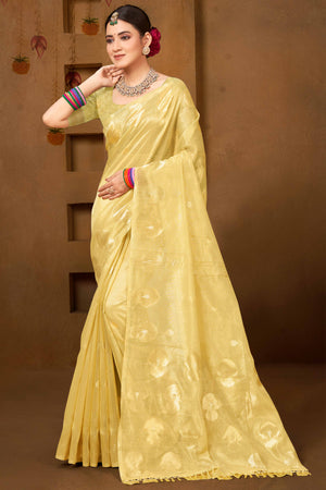 Yellow Saree in Munga Kota Doria with Traditional Zari Weaving
