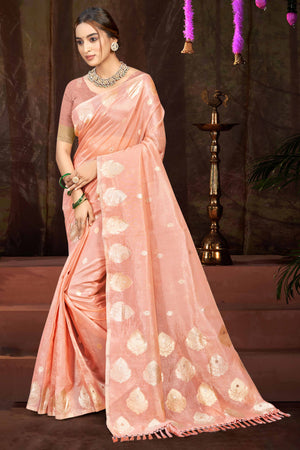 Peach Kota Doria Saree with Munga Weave and Zari Accents