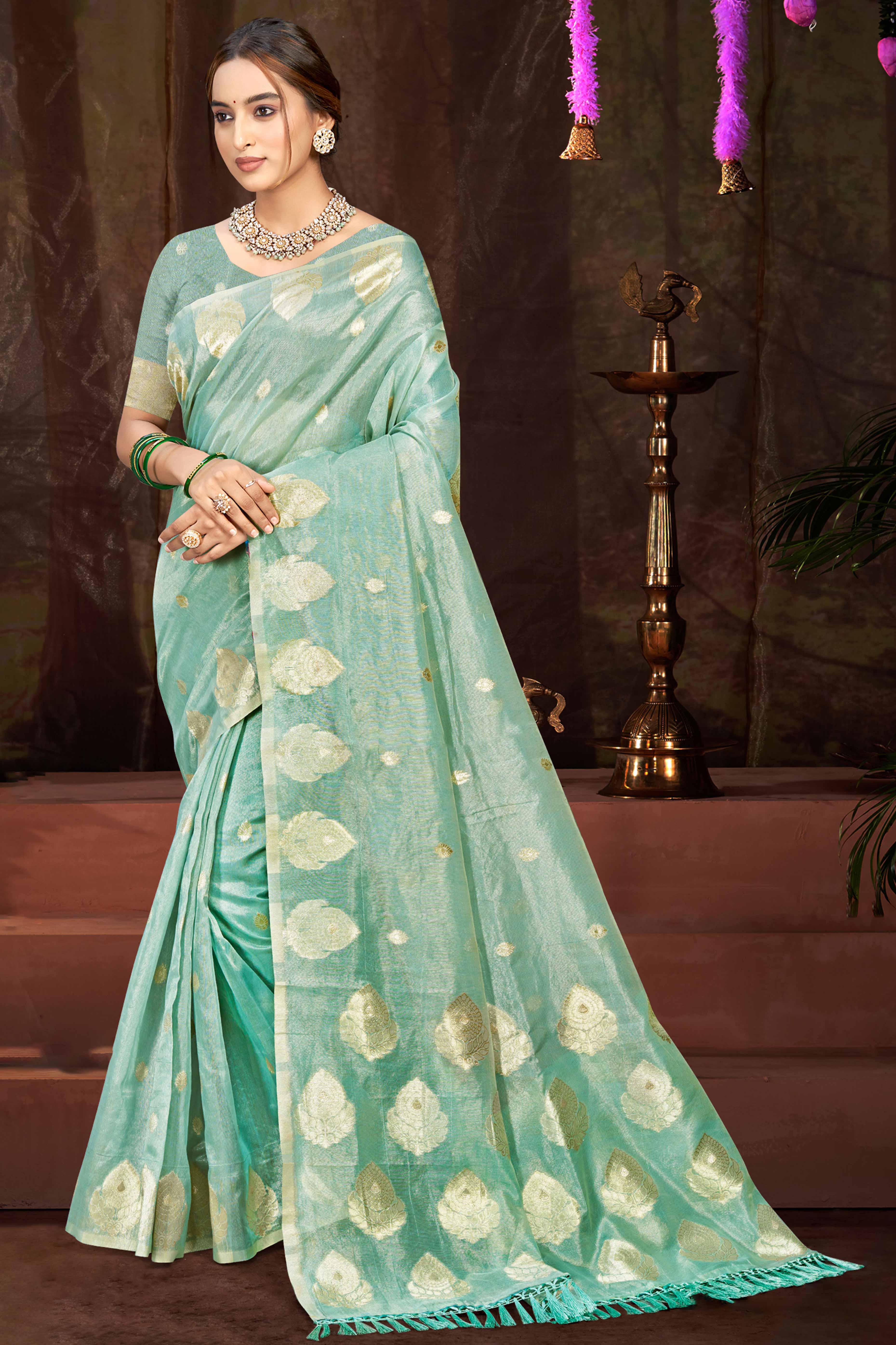 Sea Green Kota Doria Saree with Munga Weave and Zari Accents