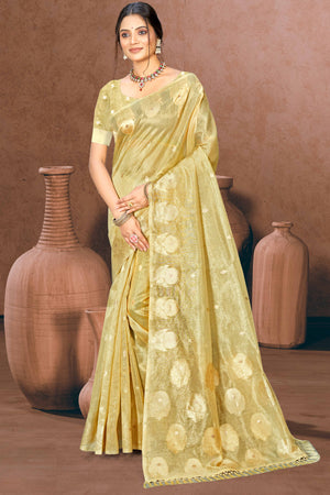 Gold Kota Doria Saree with Rich Traditional Zari Woven Borders