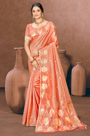 Peach Kota Doria Saree with Rich Traditional Zari Woven Borders