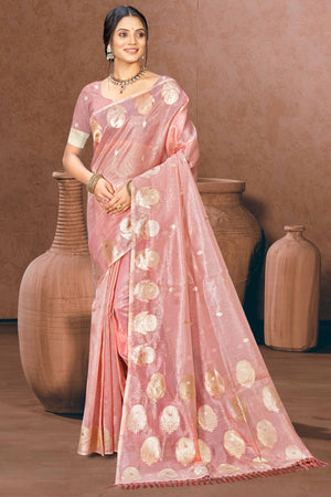 Pink Kota Doria Saree with Rich Traditional Zari Woven Borders