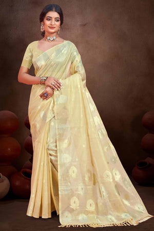 Golden Saree with Traditional Zari Detailing in Munga Kota Doria