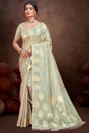 Grey Saree with Traditional Zari Detailing in Munga Kota Doria