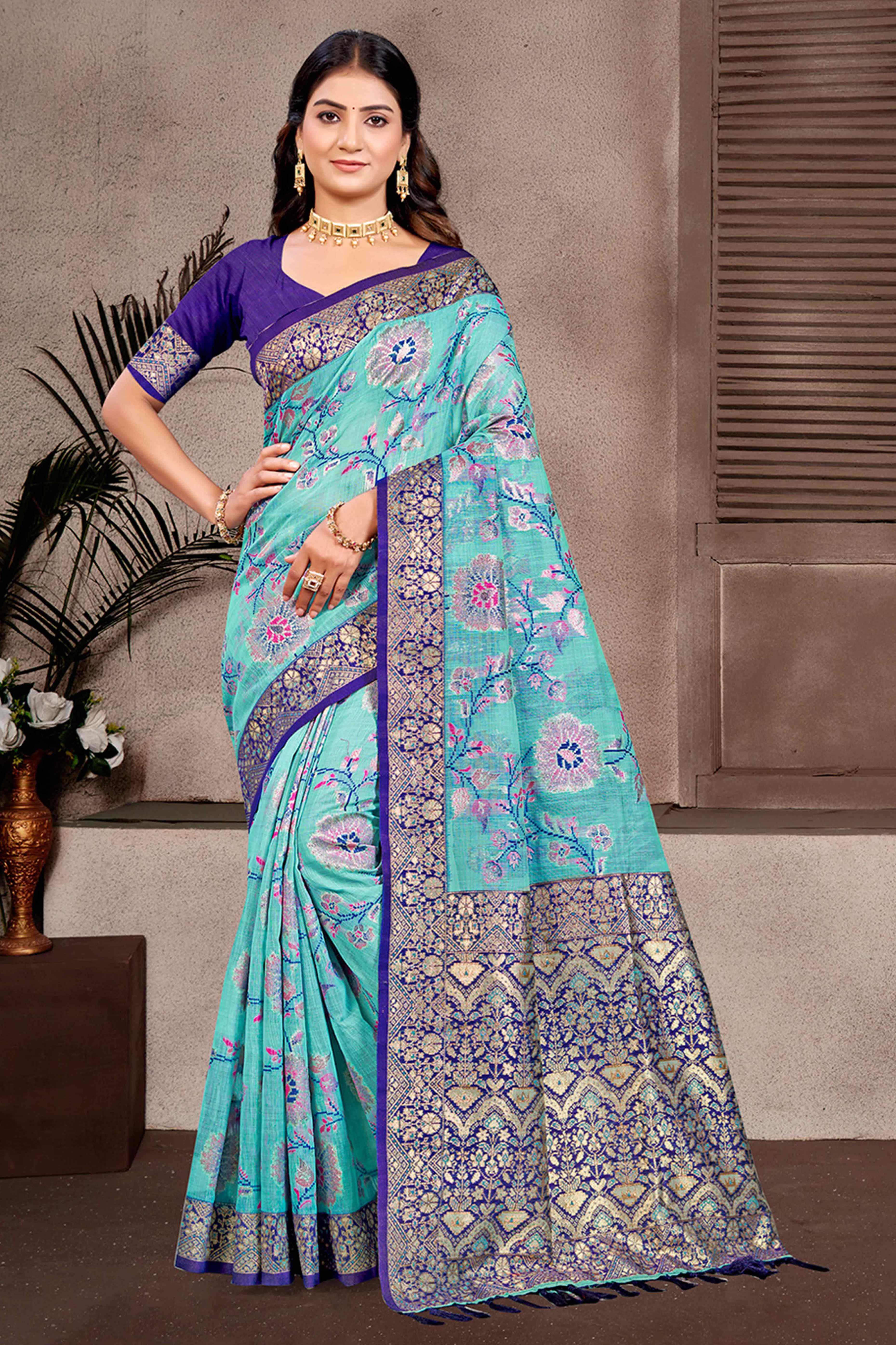 Opulent Blue Floral Zari Motif Weaving Cotton Silk Saree With Elegant Tassel Pallu