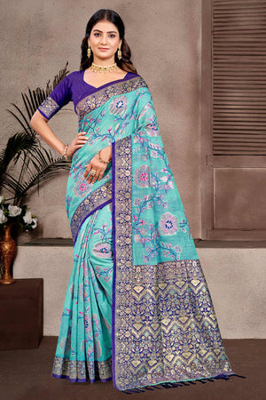 Opulent Blue Floral Zari Motif Weaving Cotton Silk Saree With Elegant Tassel Pallu