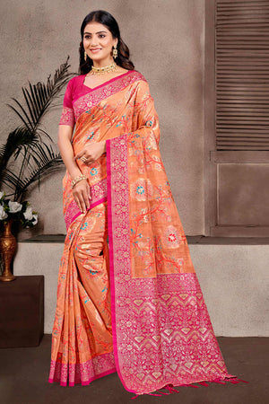 Opulent Orange Floral Zari Motif Weaving Cotton Silk Saree With Elegant Tassel Pallu